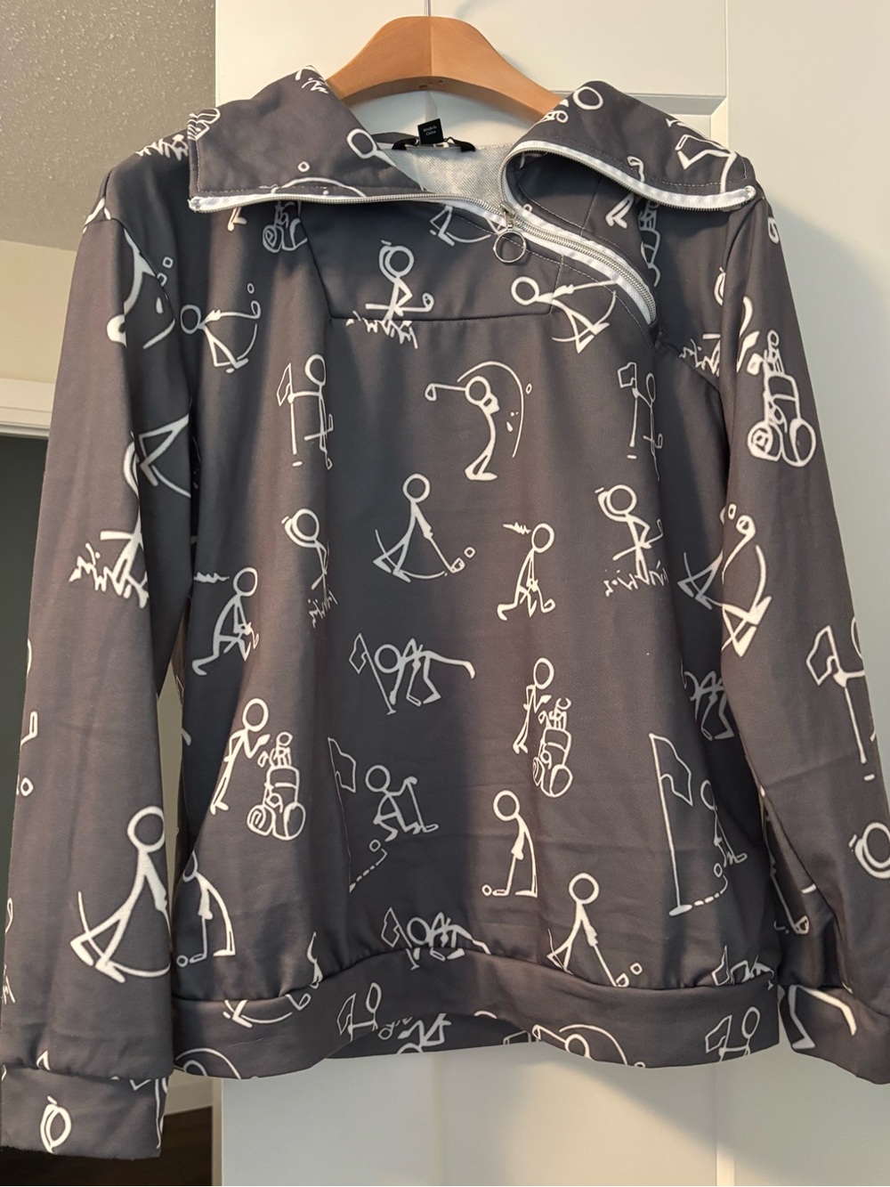 Gray Printed Golf Stick-Figure Pullover Sweater